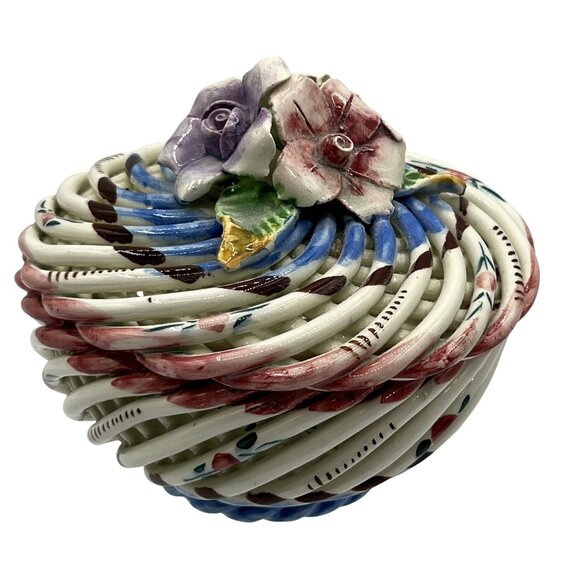 Vtg Hand Painted Spanish Porcelain Trinket Box Twig Style Basket Bloomcore Spain - Picture 1 of 13